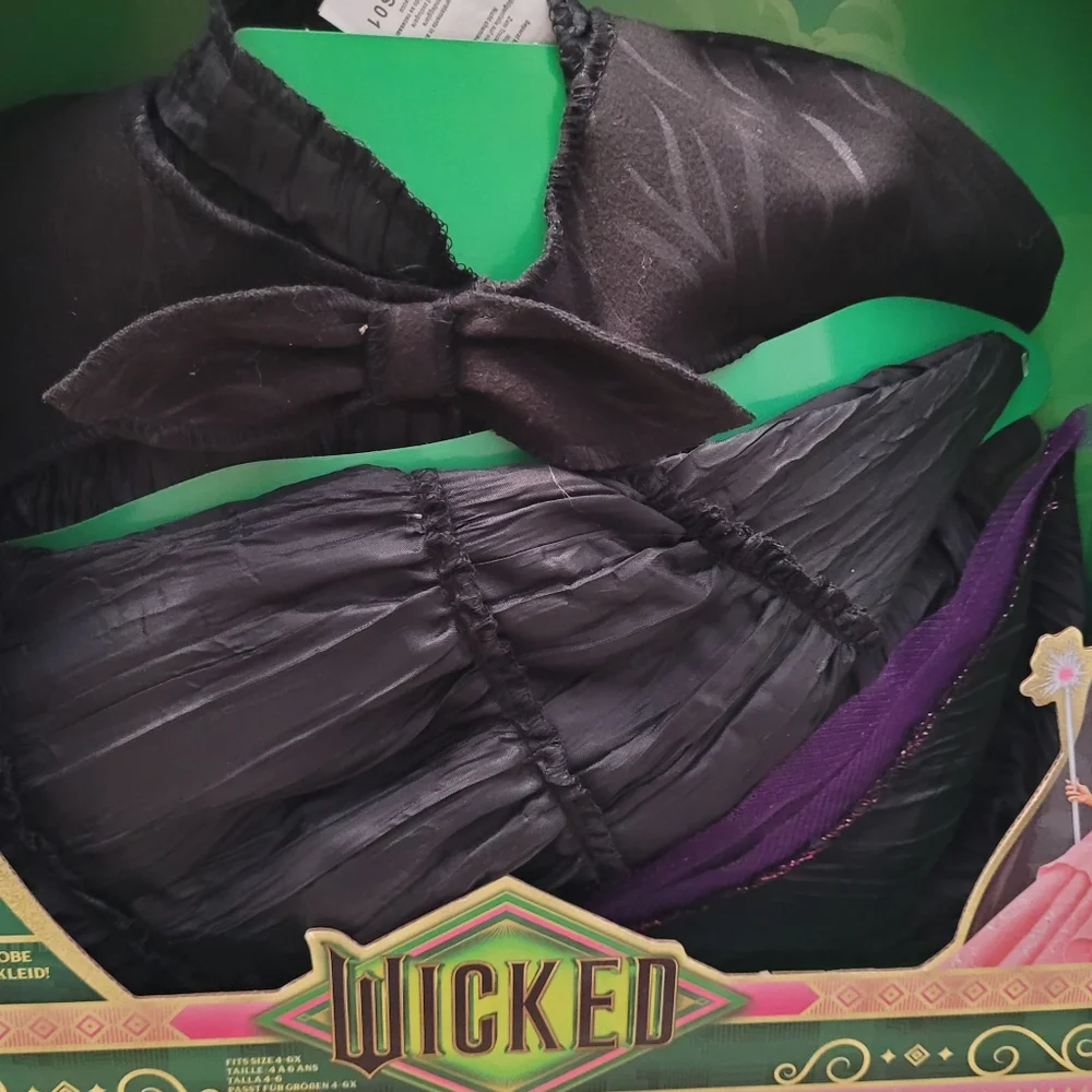 NEW Wicked Deluxe Elphaba Dress Up Set 4-6X Black Witch Costume Dress Cape Hat